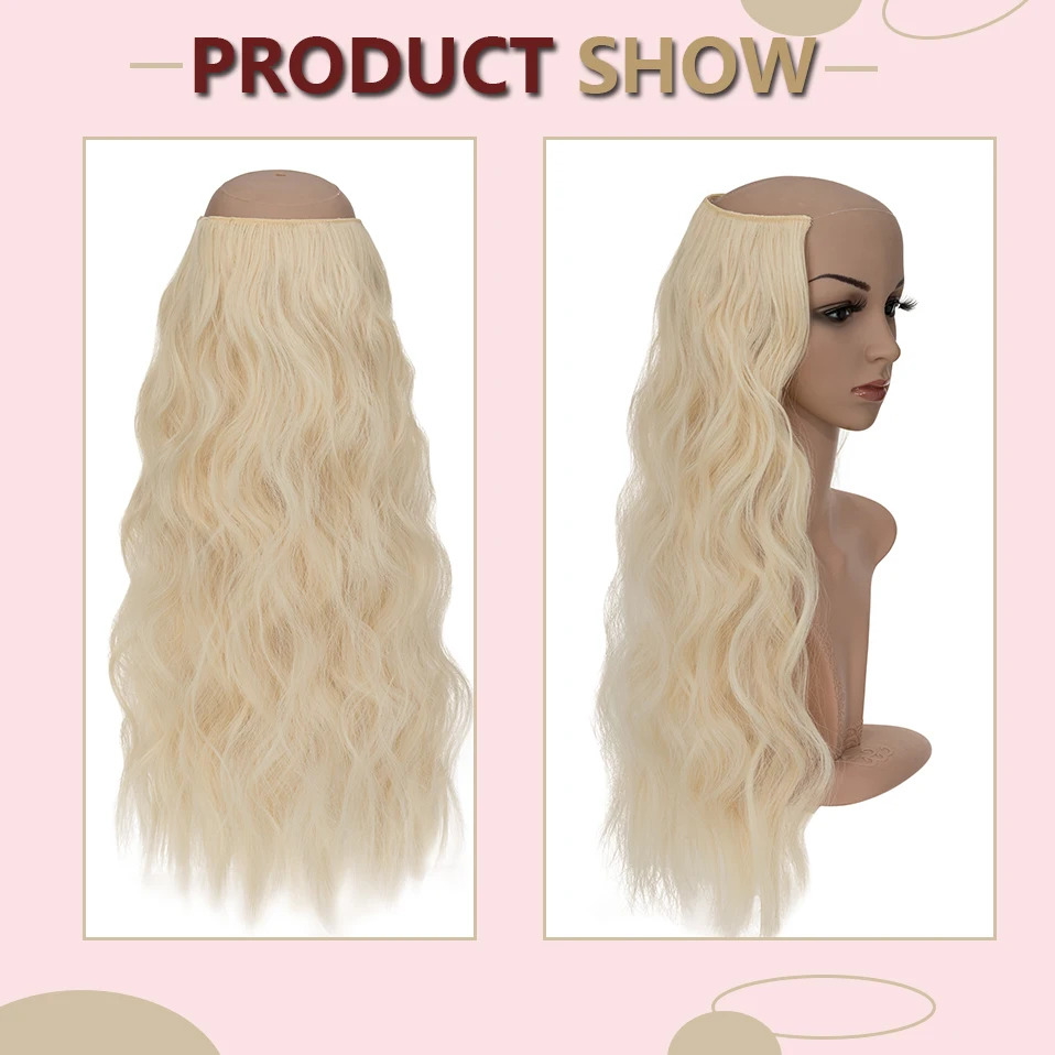 Snoilite Synthetic 20-24inches Invisible Wire Artificial Hair Extensions 4 Clip Fake False Long Wavy Hair Piece Blonde For Woman