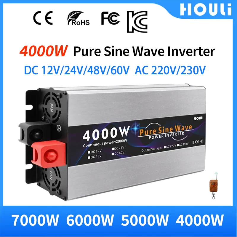 Pure Sine Wave 4000W 5000W 7000W Inverter 12v/24V/48V/60V/72V To 220v Solar Transformer Car Power Converter With USB Charging