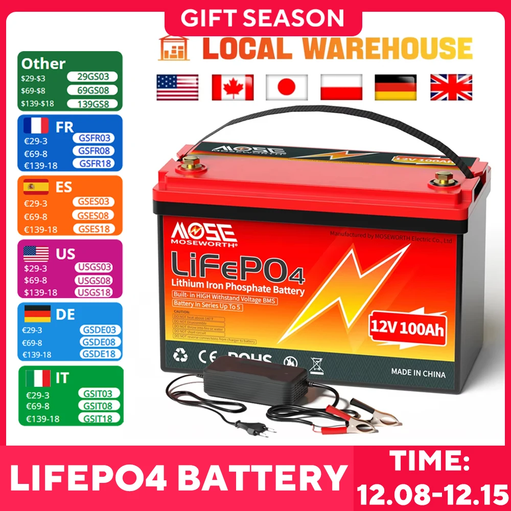 LiFePO4 Battery 12V 50Ah 100Ah 200Ah 300Ah 24V 36V 48V Phosphate Rechargeable Battery Built in BMS 4000+ Deep Cycles For Scooter