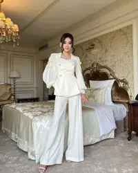 Two-piece Pantsuit Pearls Tassels Buttons Puff Long Sleeves Top Jacket Elegant Prom Dress Customize Formal Occasion Dresses