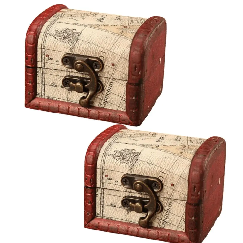 2pcs 8 x 6 x 6 cm Wooden Jewelry Box Composite Wood Vintage Map Print Trinket Box Wine‑Red Edge Trim Dark Brown Floral Pattern
