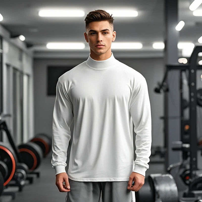 

Oversized Long Sleeve Training Exercise T-shirts Mens Turtleneck Dropped Shoulder Loose Sports Fitness T Shirt Gym Tops Tees