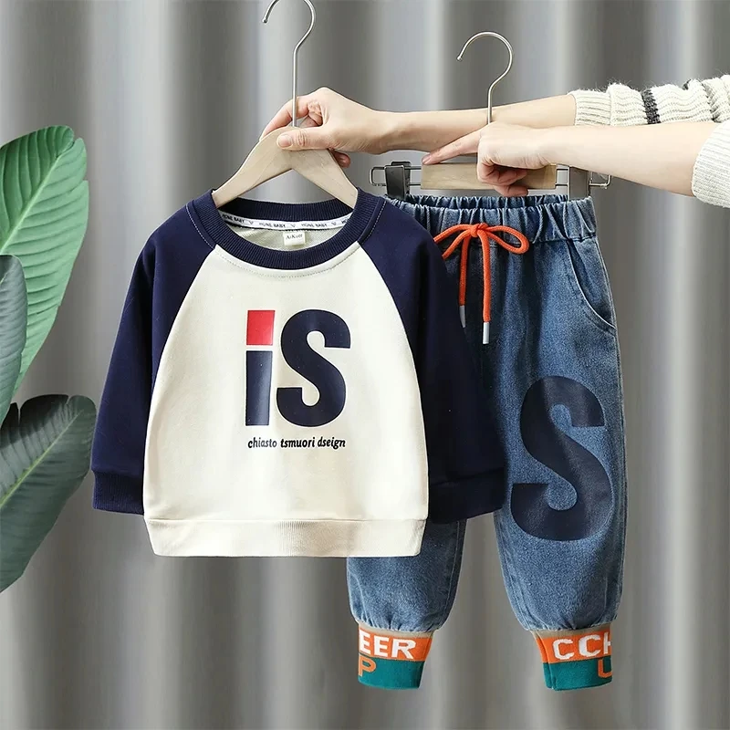 

Spring and Autumn Clothes Suit Children's Sweater Set New Boys Baby Long Sleeve Sweatshirt Jeans 2 Piece Sweatwear Set