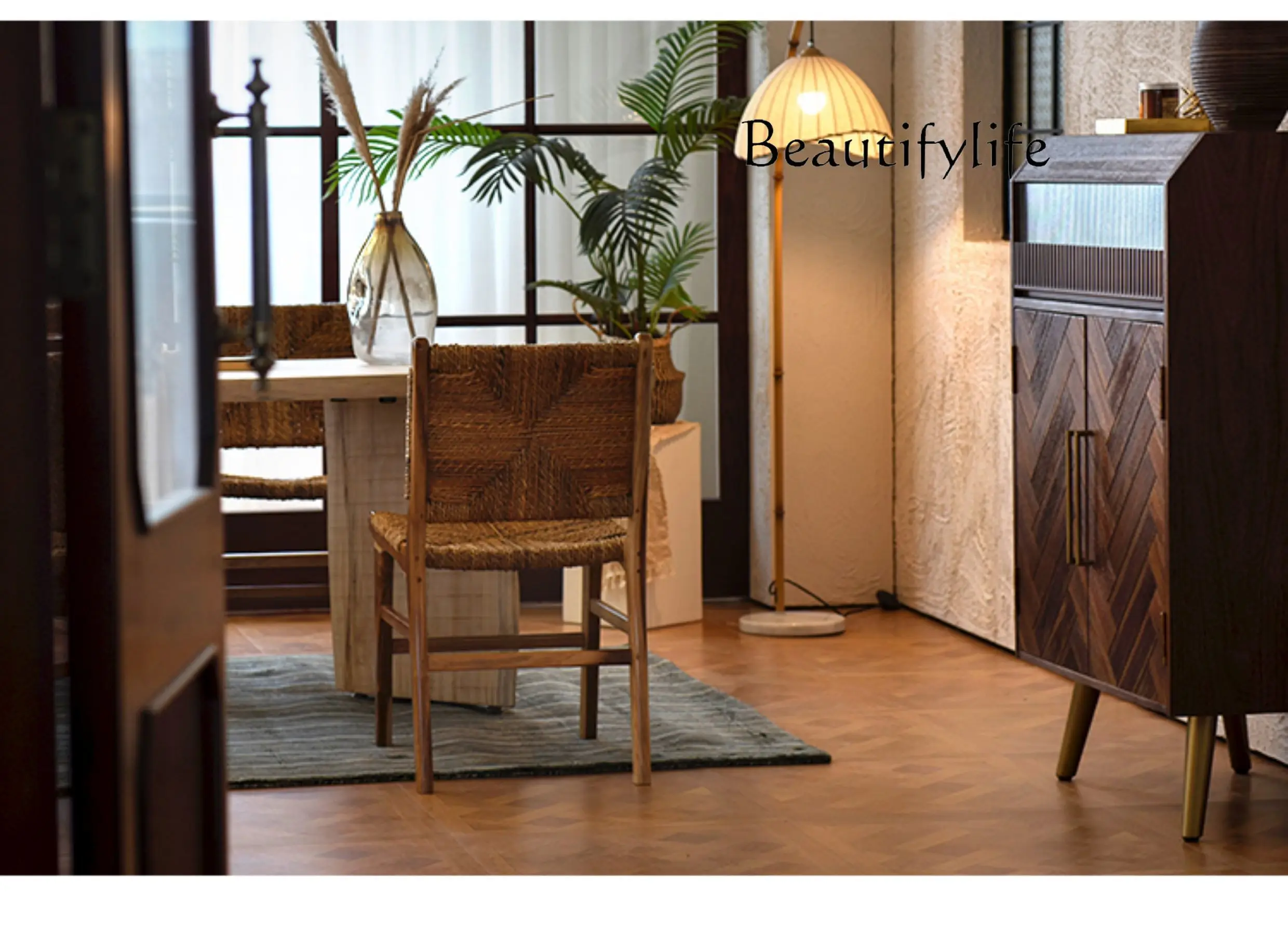 Solid wood dining chair leisure chair surprise quiet chair Nanyang retro rattan banana linen furniture backrest home dining tabl