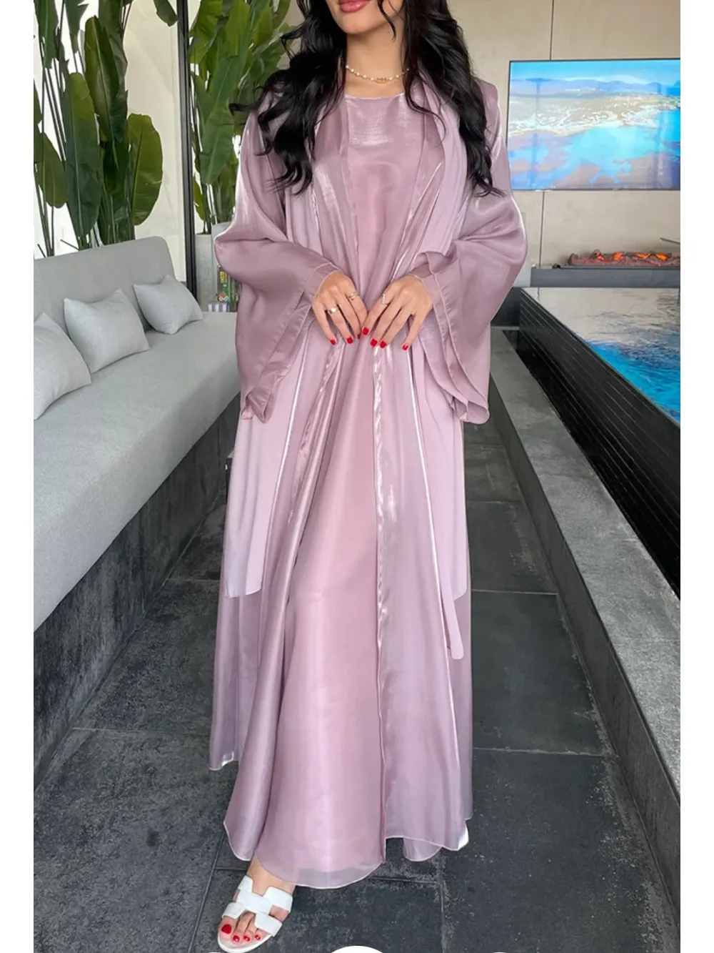 Elegant Muslim Abaya for Women Dress 2 Piece Set Silky Belted Party Dresses Kimono Gown Saudi Arabic Dubai Kaftan Islamic 2025