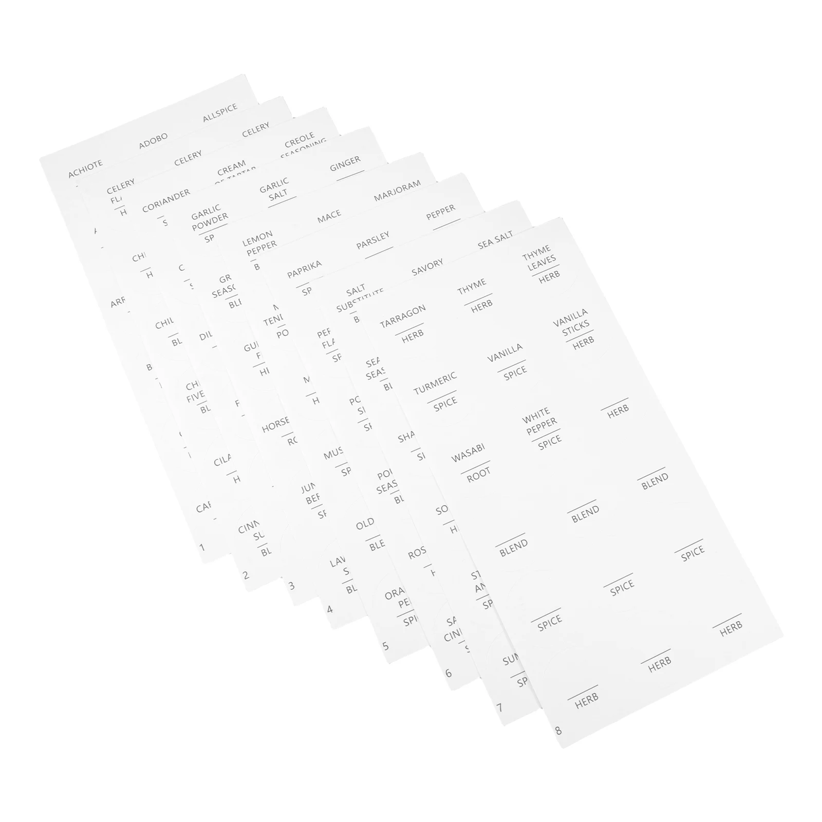

8 листов минималистичных этикеток для специй, круглые водонепроницаемые наклейки на банки для специй, самоклеящиеся, для организации кухни, белые, для продуктов