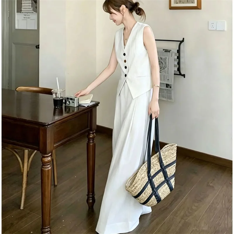 

Korean Lady Solid Color Sleeveless 2PCS Autumn Women Cardigan Waistcoat Pantalons Outfit Spring Female Fashion Vest Casual Pants