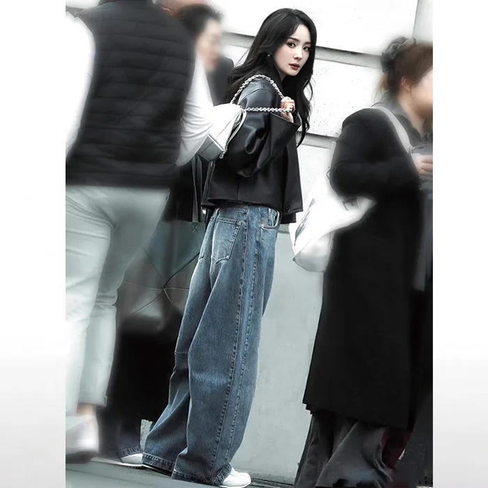 2025 Nuovi pantaloni in denim a gamba larga scimitar versatili a vita alta larghi e sottili Pantaloni per pulire le donne