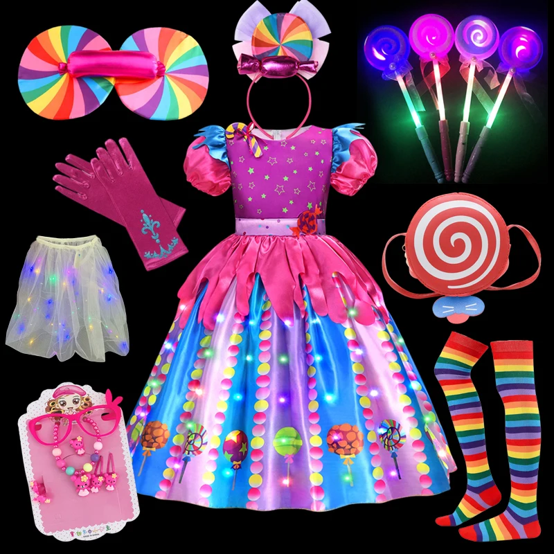 

2025 Girls Glow Candy Dress Sweet Lollipop Girl Dress Carnival Party Kids Birthday Outfit Fancy Rainbow Tutu Girls Party Dress