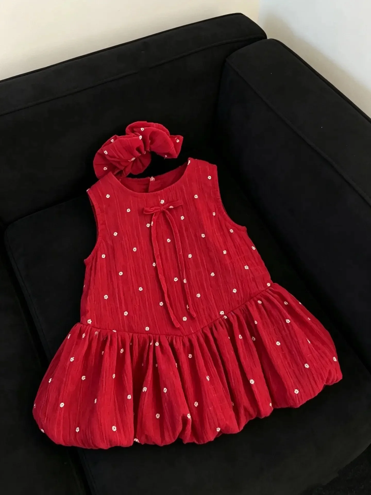 Vestido de Menina Estilo Coreano Saia Princesa Vermelha com Flores Coloridas Cintura Alta Roupas de Aniversário de Verão para...