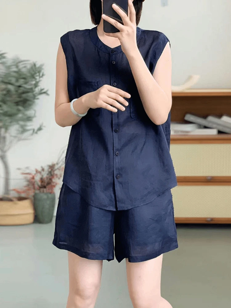 

Women's Summer Fashion Loose Cotton Linen Sleeveless Top And Shorts Two-Piece Set plus Size Slimming Style Casual Wear