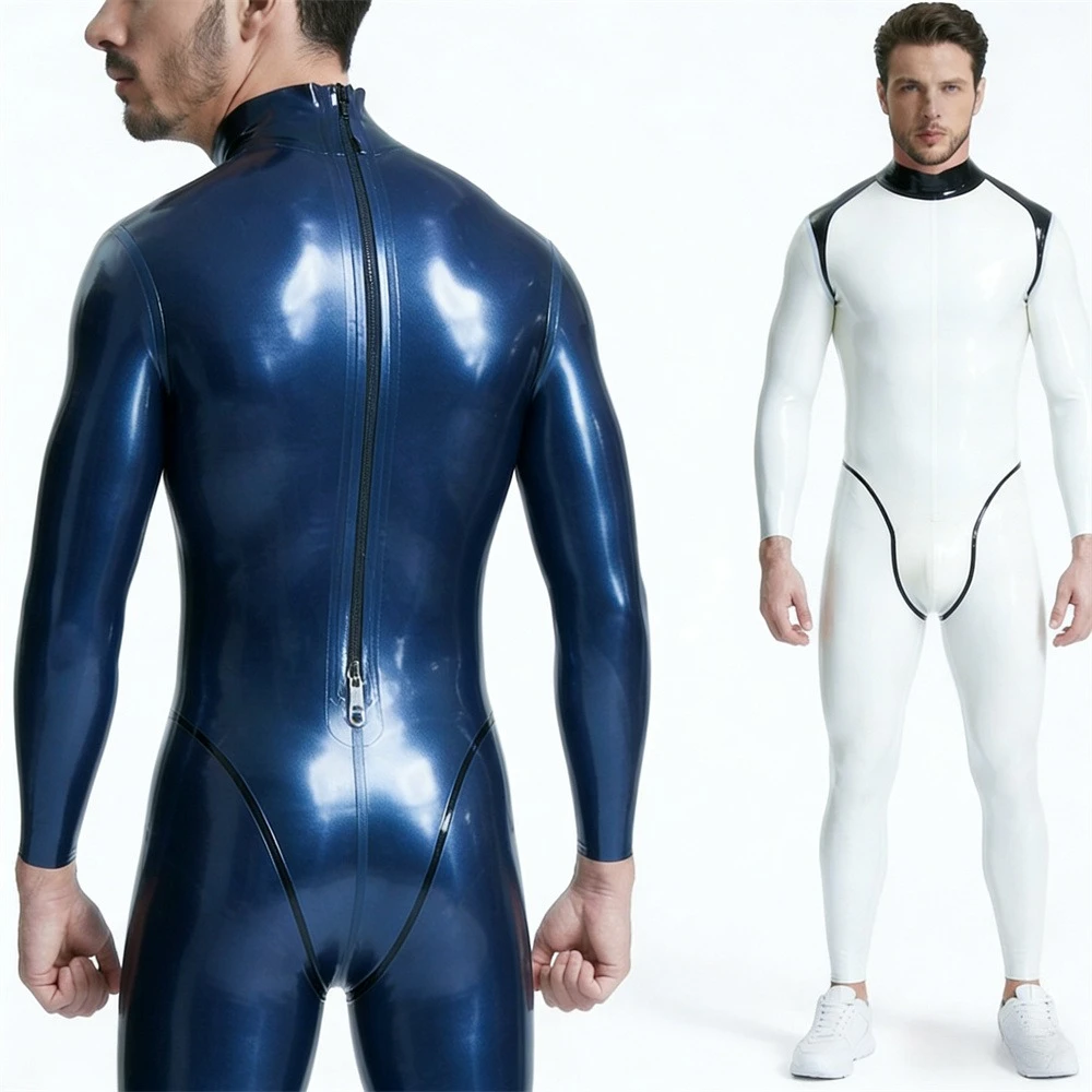 Latex Rubber Zentai Suit Blue White Full Body Jumpsuit with Back Zipper customized Handmade Catsuits