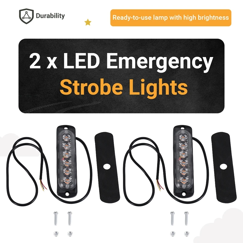 

LED Emergency Strobe Lights, Amber 6 LED Strobe Warning Emergency Flashing Light For Car Truck Off Road ATV SUV 2 Pack