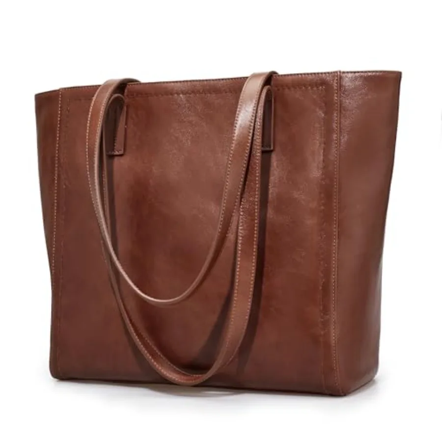 

Vintage Genuine Leather Work Tote Bag for Women Large Tote with Zipper Leather Purse and Handbags with Compartment Brown