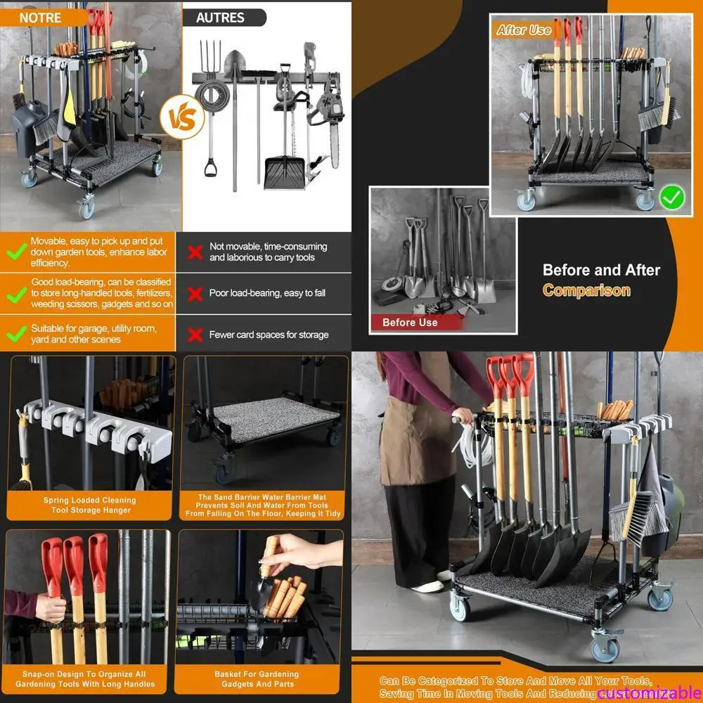 

Sturdy Garden Tool Cart for Outdoor Use, Enhanced 5-Inch Wheels, Ideal for Lawn and Sandy Terrain, Storage for Long-Handled Tool