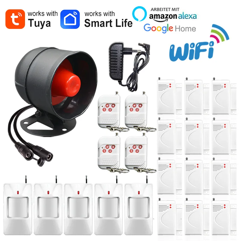 

Tuya Wi-Fi домашняя охранная сигнализация 433 МГц Беспроводная сирена 110 дБ Звуковая сигнализация Противоугонное приложение Smart Life Дистанционное управление с Alexa
