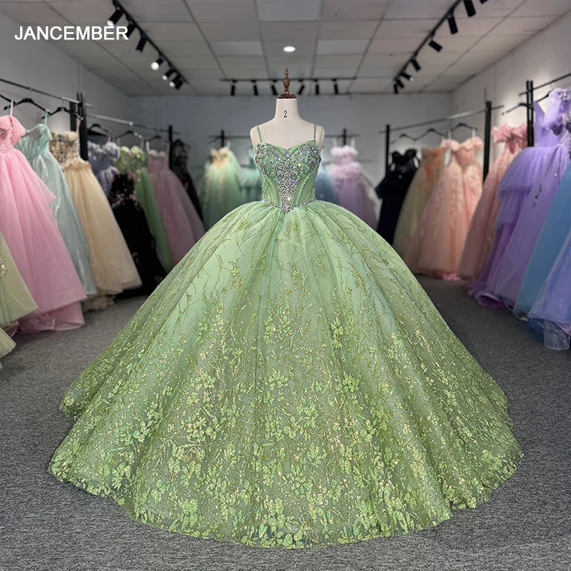 Green Glittering Customized Crystal Quinceanera Dresses Off Shoulder Birthday Party Beaded Ball Gown Vestidos de 15 años DY6787