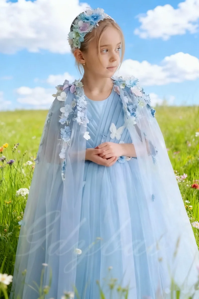 Light Blue Appliqué Flower Girl Dress with Puffy Tulle Skirt Luxurious Princess Style Children's Party and First Communion Ball