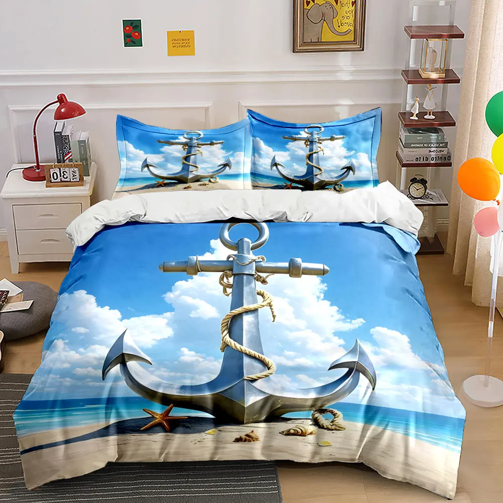

Anchor on beach with seashells Pattern Duvet Cover Set Digital Print Colorful Polyester Bedding with Zipper Closur for kids gift