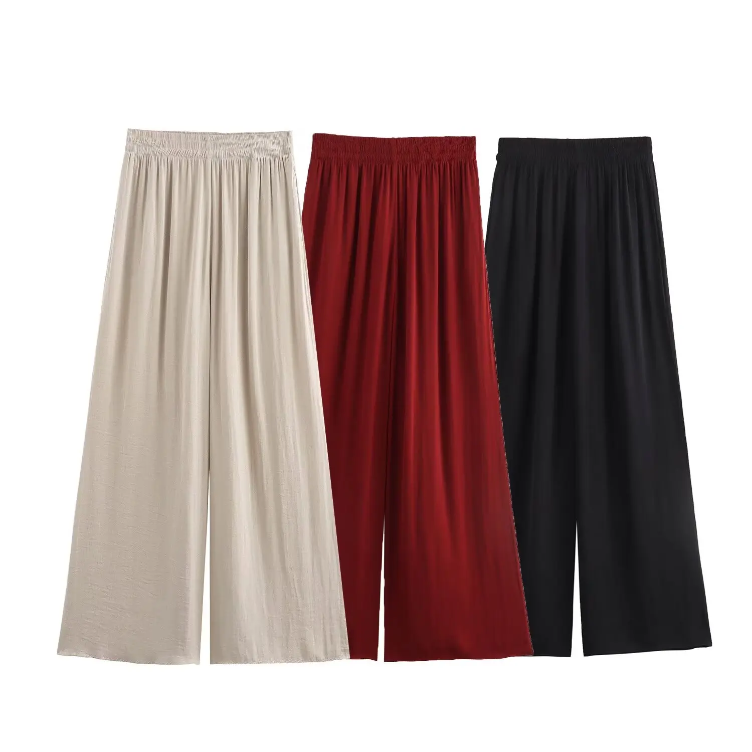 

HH TRAF Summer Women's Fashion Solid 3-Color High Waist Elastic Waisted Silk Satin Trousers Female Chic Ankle-Length Long Pants