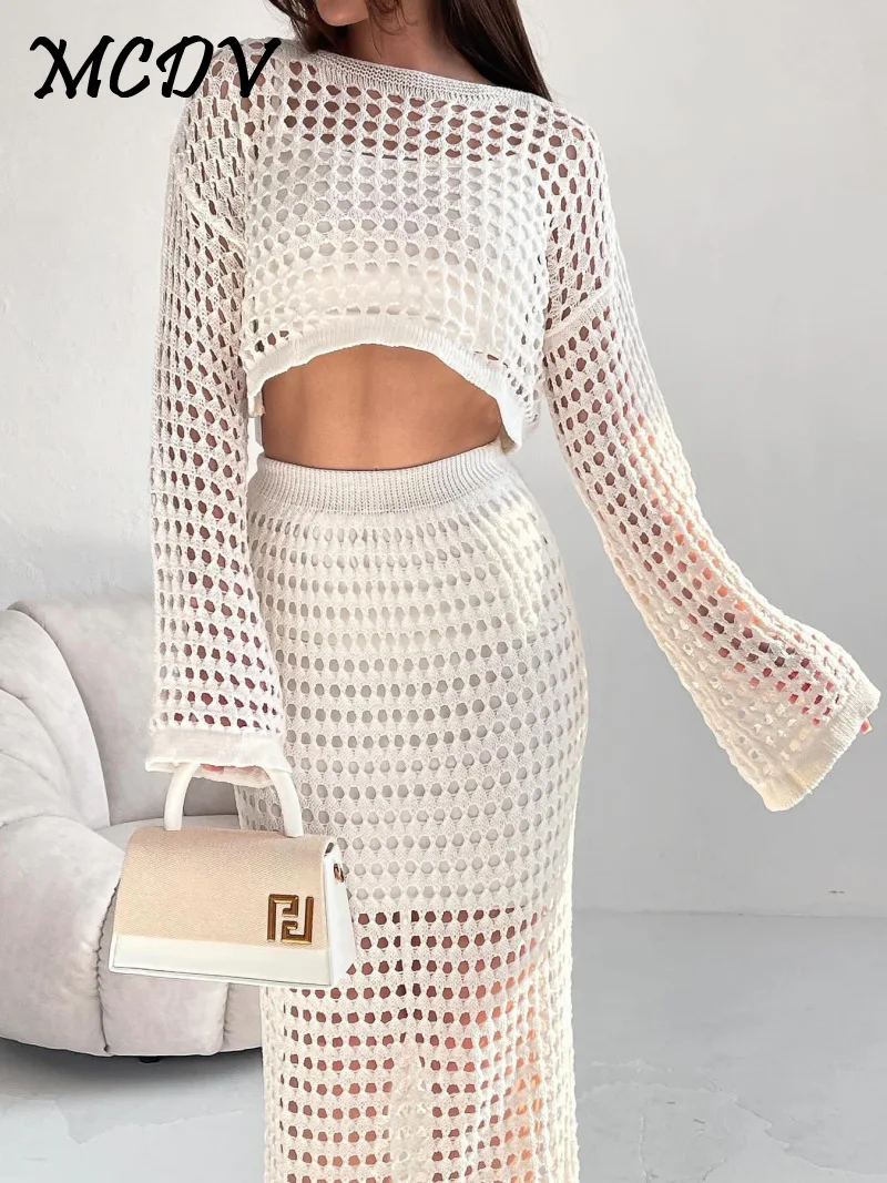 White Knitted Mesh Beach Skirt Sets Women Long Sleeve Hollow Out Holiday Outfits Sexy Sheer Two Piece Suit 2024 Summer Beachwear