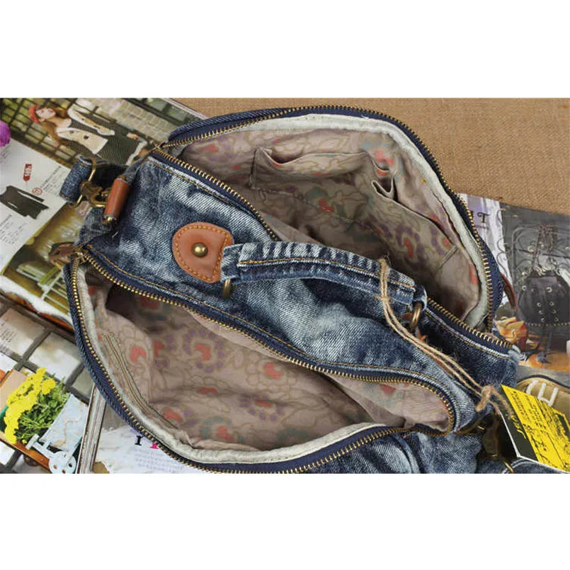 Denim Retro Unisex Large Capacity Multiple Pockets Handbag Shoulder Messenger Crossbody Bag Jean Women Purse