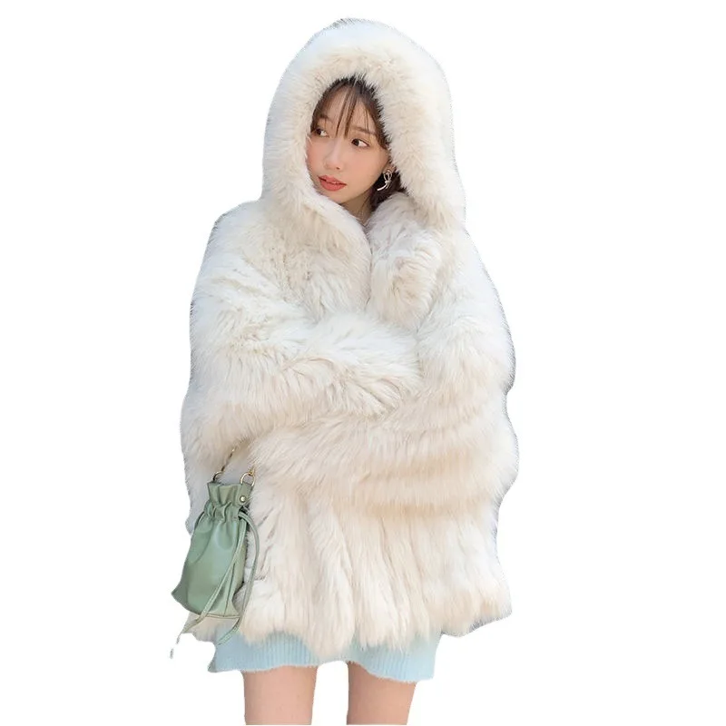 KIDCRKJ Winter Vrouwen Eco Bontjas Pure Kleur Bont Trim Kap Harige Nertsen Bont Jas Voor Lady Slouchy Vrouwelijke Imitatie Bont Uitloper