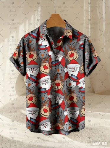 Imagen 2 del producto Camisa con solapa de manga corta con estampado gráfico para hombre, Tops navideños de Papá Noel, camisas informales con botones para hombre, camisa de uso diario