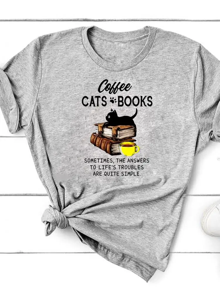 Graphic T-shirt Clothing Summer Top Fashion Cat Books Trend Cute Short Sleeve Women Print T Shirt Tee Basic Clothes