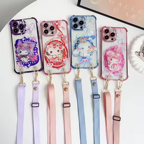 Kitty Kuromi For Samsung Galaxy A02s A03s A04 A05 A06 A12 A13 A14 A15 A16 A22 A23 A24 Plating Shockproof Case With Holder Rope