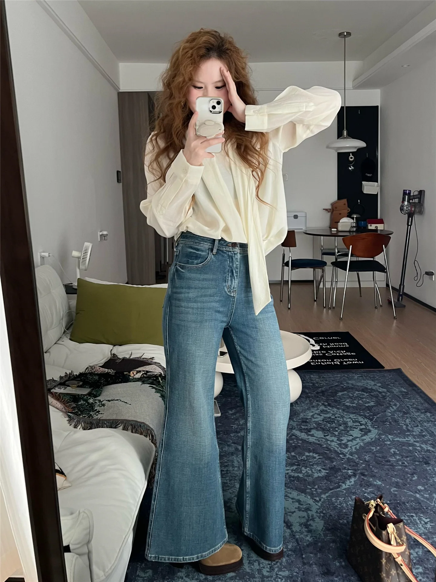 

Ретро джинсы-клеш с высокой талией для женщин, свободные, стройнящие, длинные, в пол, из хлопка, повседневные, весна-осень