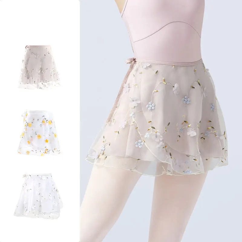 Women Ballet Skirts Embroidery Floral Mini Wrap Short Dance Skirts 2 Layers Adult Big Girl Dancewear Performance Ballet Costumes