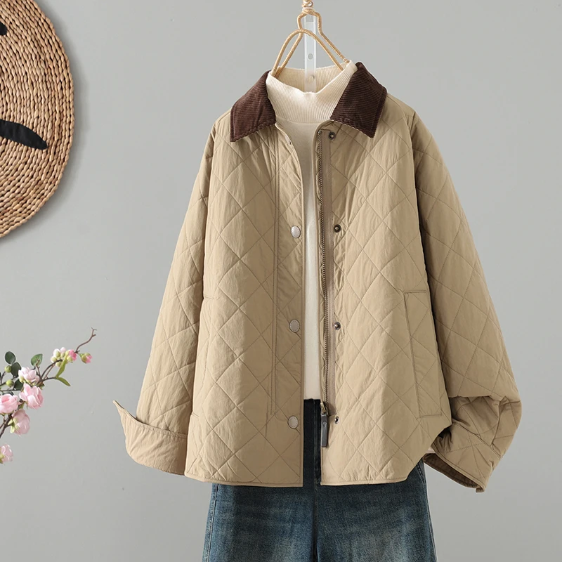 

Women's Lightweight Cotton Jaet Autumn Winter Barn Wind Diamond Pattern Flip Collar Warm Thin Sle Small Size Cotton Coat