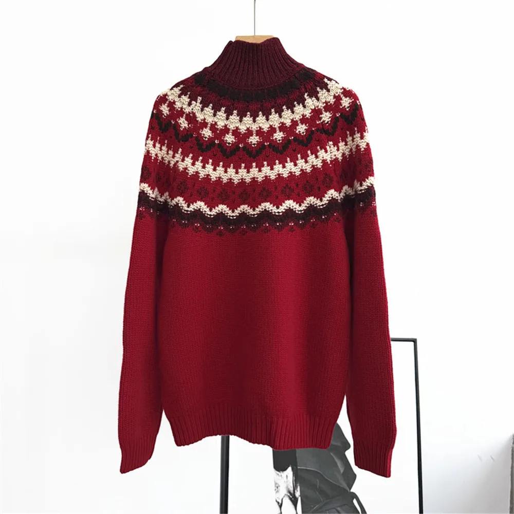 25 Autumn/Winter New Women's Retro High Collar Jacquard Contrast Loose Thick Knitted Pullover