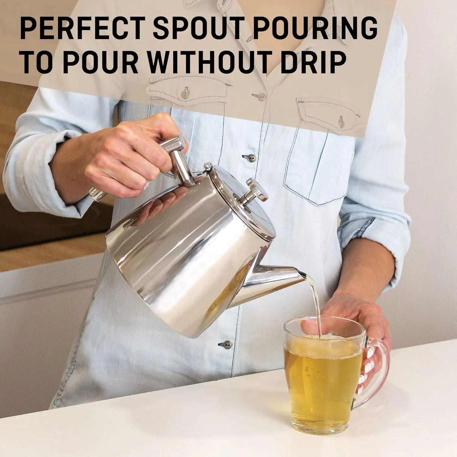 وعاء شاي من الفولاذ المقاوم للصدأ مع مصفاة، جدار مزدوج يحافظ على الحرارة، فضي 1 لتر (34 أونصة)