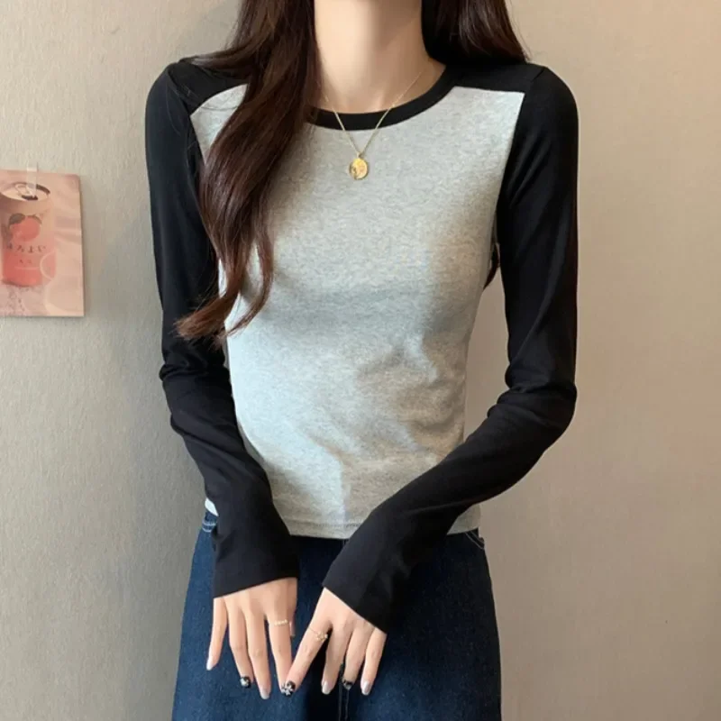 Slim T-shirts for Women Long Sleeve Patchwork Young Girls Spring Autumn Chic Korean Style All-match O-neck Elegant Niche Simple