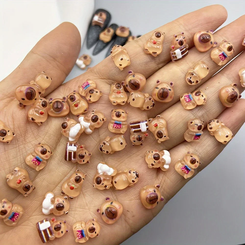 20/40/100/200pcs Mixed Cute Cartoon Animal Capybara Nail Decorations 3D Ice Transparent Pet Kabbalah Little Brown Bear Nail Art
