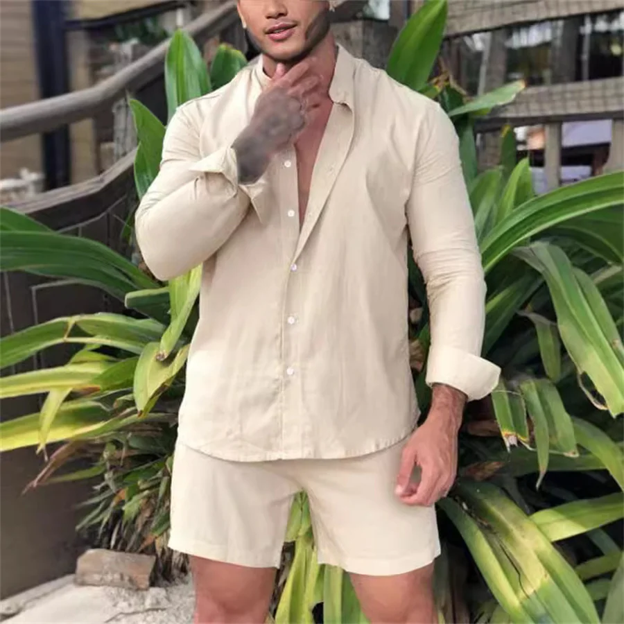 

2025 комплект мужских шорт, рубашка с длинным рукавом на пуговицах + шорты, повседневная пляжная одежда, мужской спортивный костюм из двух предметов, модная уличная одежда