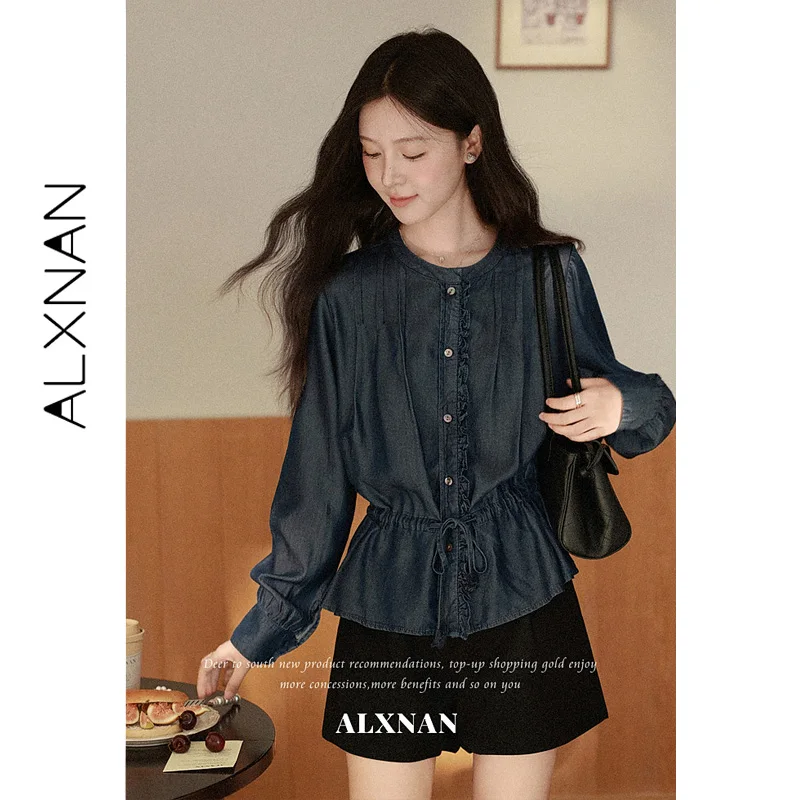 ALXNAN Blue Long Sleeve Denim Shirt Round Neck Ruffled Placket Adjustable Drawstring Waist Shirts French Style Female Top L67611