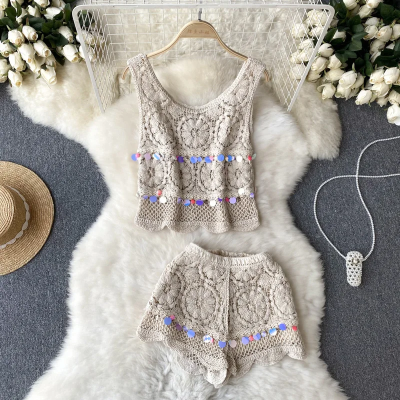 Boring Honey Hollow Out Two Piece Set For Women Round Collar Round Collar Edible Tree Fungus Crop Tops Solid Colors Short Pants