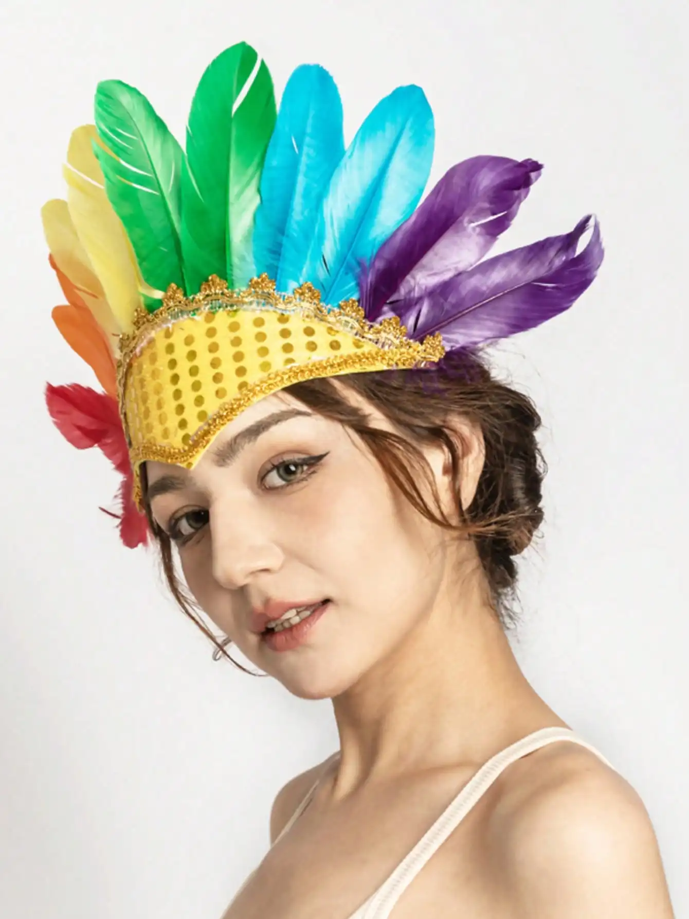 

Многоцветная огнестойкая повязка на голову с перьями и блестками, головной убор с перьями, костюм для маскарада, вечеринки