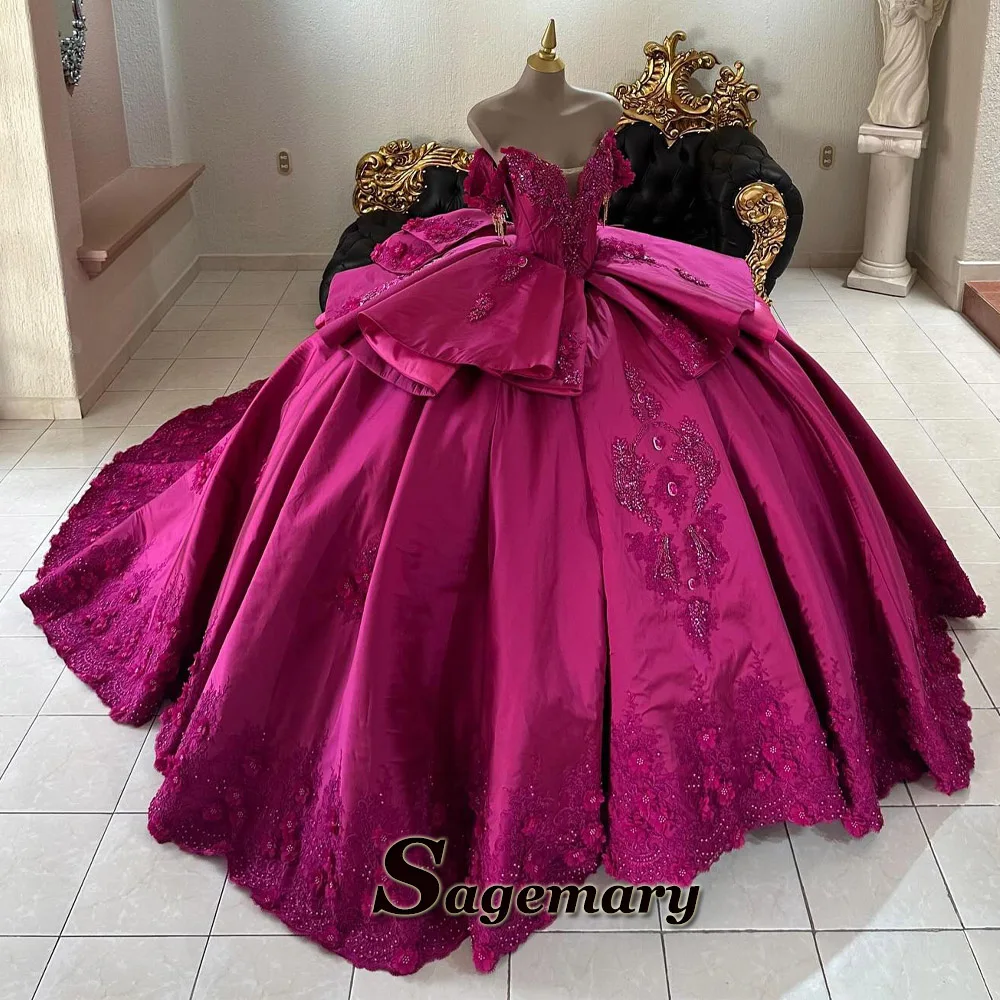 Sagemary-Vestidos de quinceañera de lujo Para niñas, Vestidos con hombros descubiertos y lazo grande con diamantes de imitación, personalizados