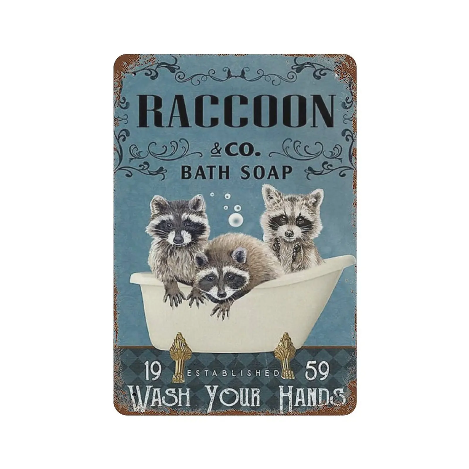 Metal tin sign，Retro Style， Novelty poster，Iron Painting，Raccoon & Co Bath Soap - Wash Your Hands Tin Sign, Cute Raccoon Wal