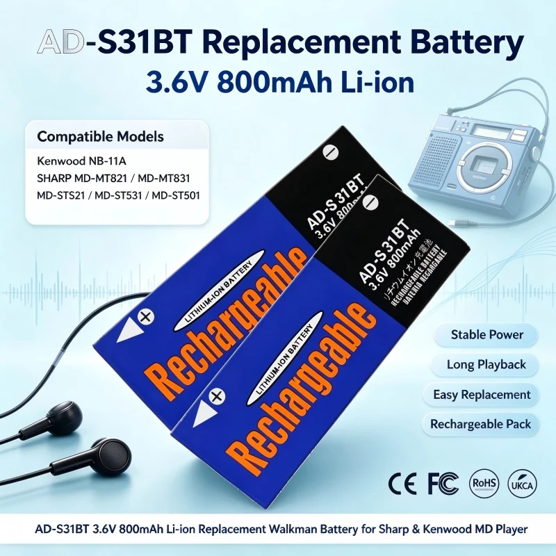 AD-S31BT 3.6V 800mAh Li-ion Replacement Battery NB-L11A for Sharp MD-MT821 MD-MT831 MD-ST521 MD-ST531 MD-ST501 MiniDisc Player