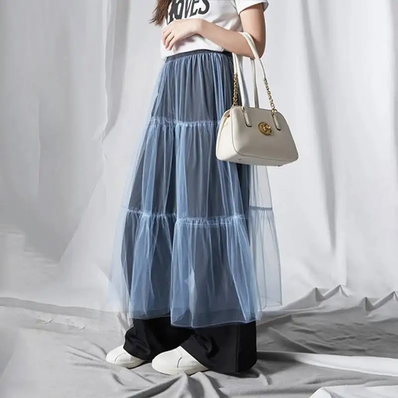 Waist Niche Elastic Layered Spliced Design Semitransparent Mesh A-line Skirt For Women Clothing Accessories Chic 2SBL1
