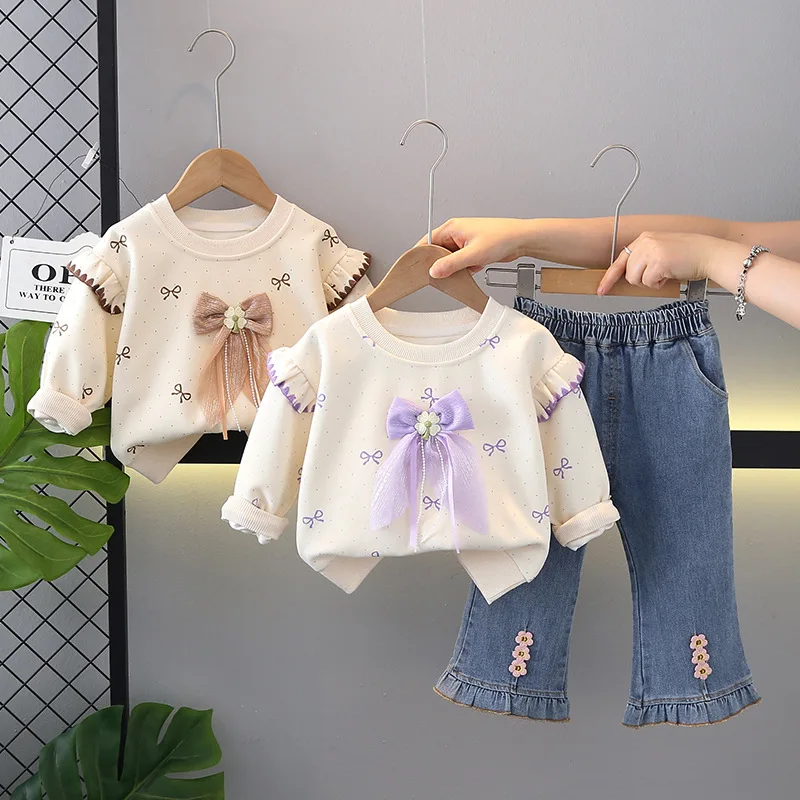 

Cute Casual Spring Autumn Wear Baby Girl Cotton Outfit Set 1-5Y Kids Girls Bow Embellished All Print Sweatshirt and Denim Jeans