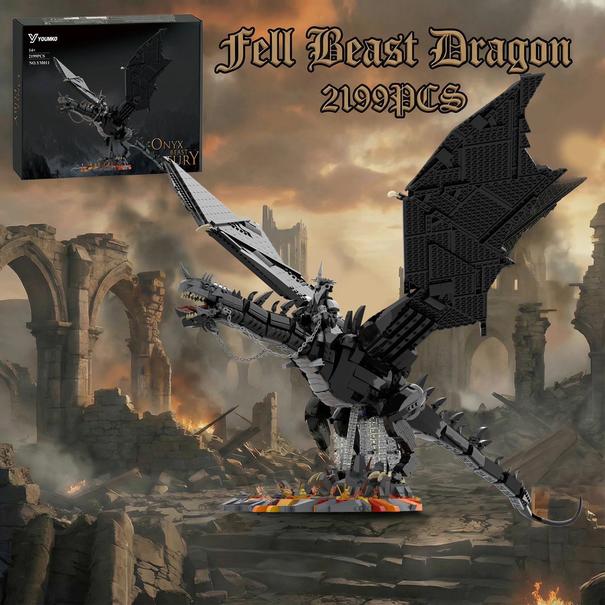 Movie Ring Witch King Nazgul Building Blocks Fell Beast Dragon Mount Brick Model Kit  Toy Adults DIY Birthday Gift 2199PCS