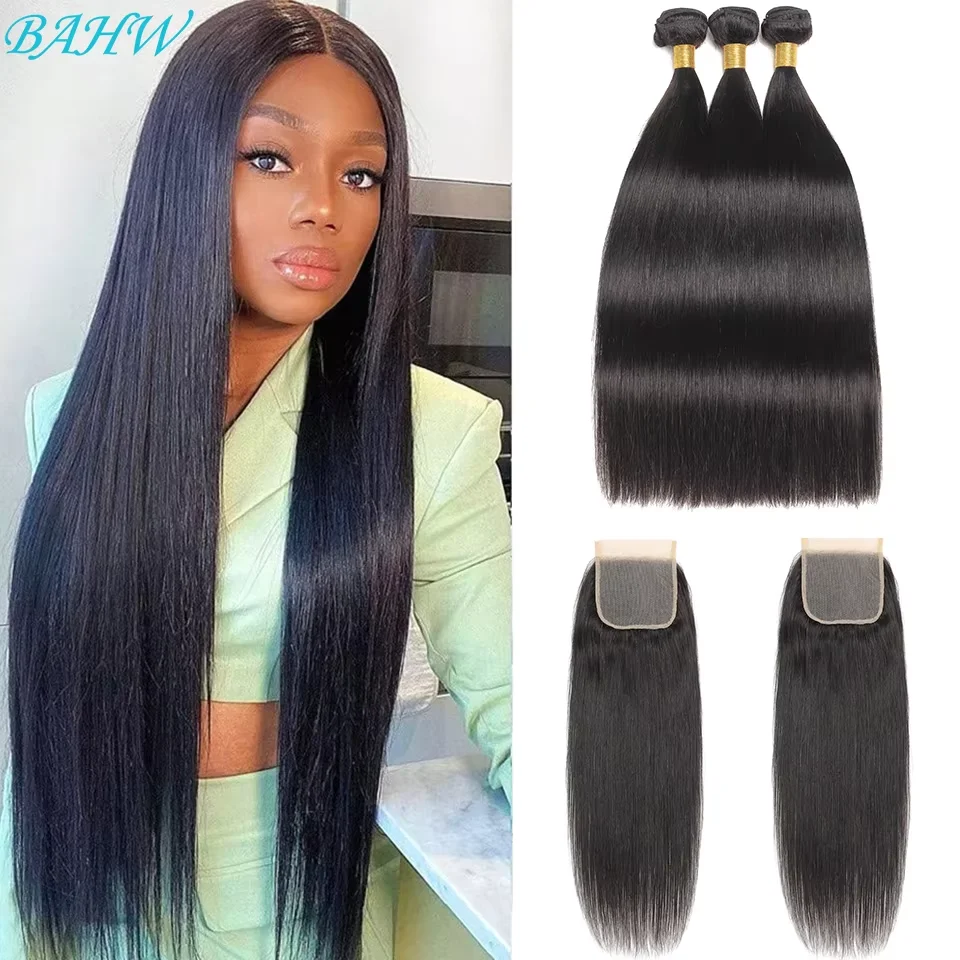 Mechones de pelo liso de Malasia BAHW con cierre de encaje 4X4 HD, cabello humano de Color Natural, 3 mechones con cierre de encaje, cabello Remy