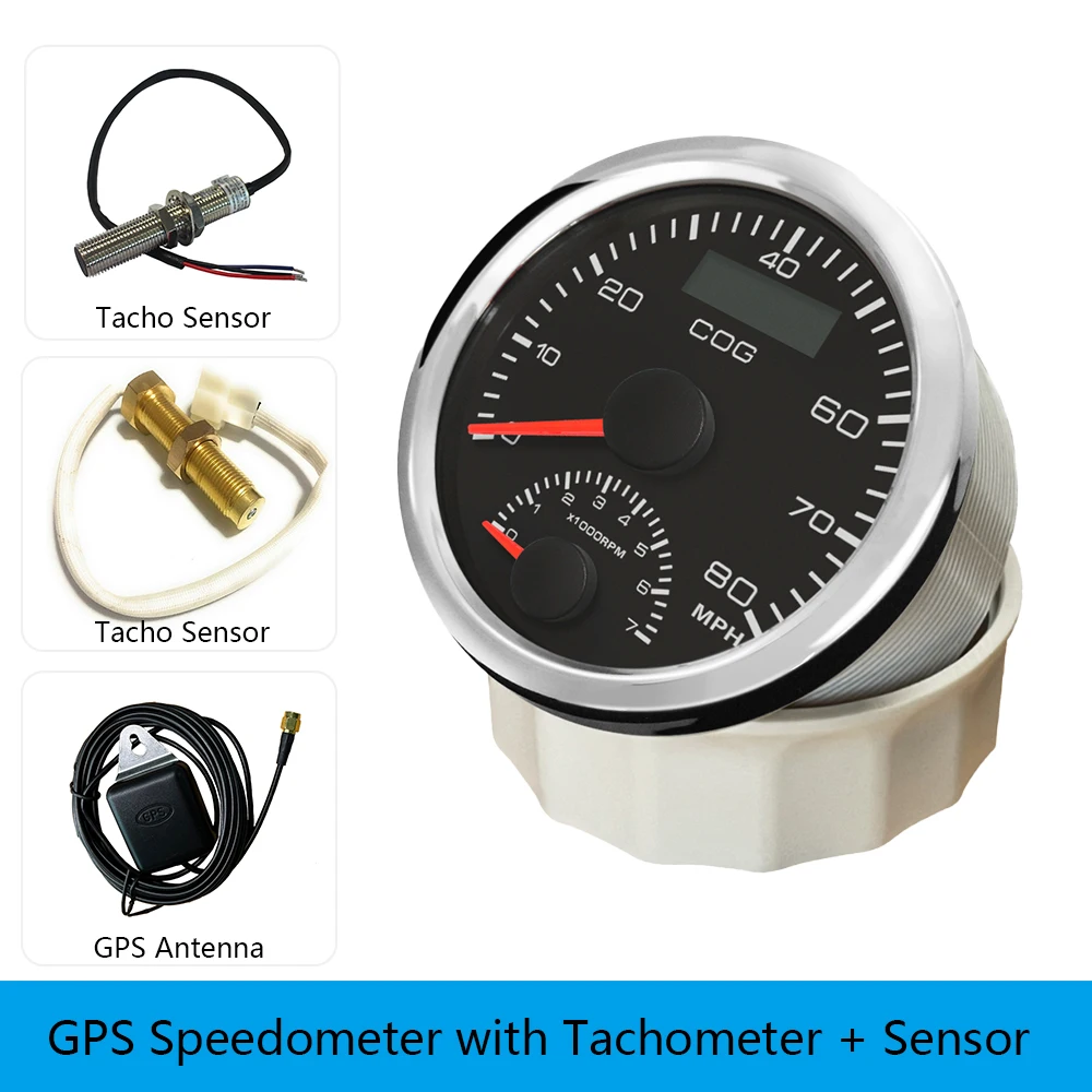 Waterproof Truck Car Boat 85mm 0-80MPH GPS Speedometer 0-7000RPM Engine Rev Counter with GPS Antenna Amber Backlight 12V 24V