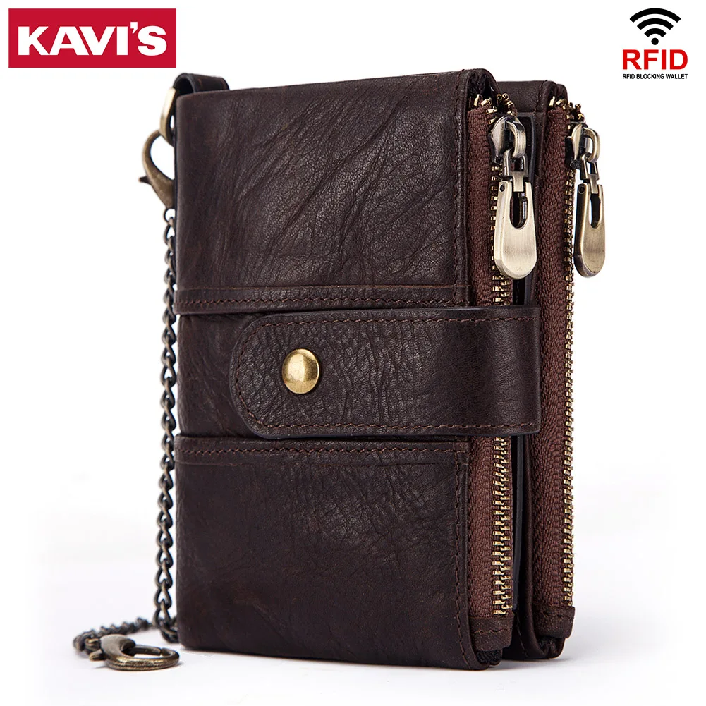 KAVIS Wallet for Men 100% Genuine Leather RFID Credit Card Holder with Double Zipper Coin Purse Short Male Clutch Carteiras